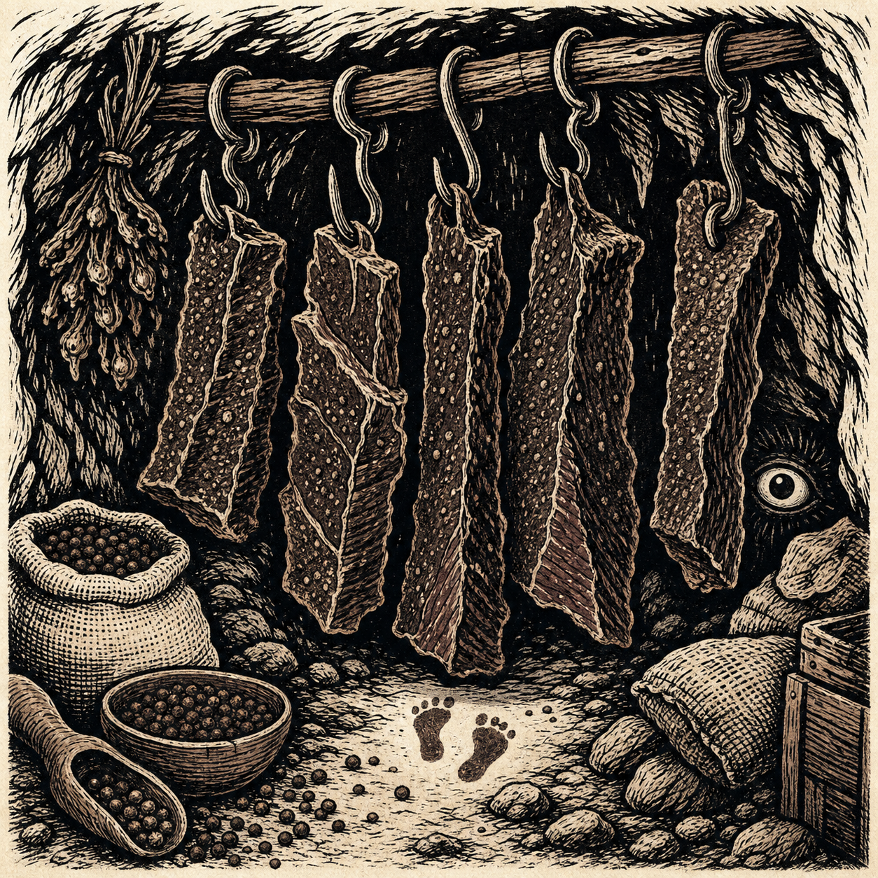 Biltong curing inside the Tokoloshe's strange cave pantry