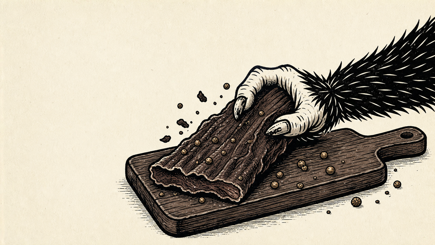 A hairy Tokoloshe hand stealing biltong from a timber board